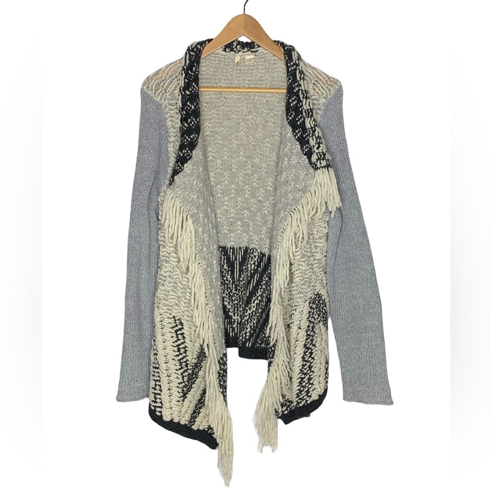 Anthropologie Cream & Black Fringed Open-Front Cardigan - Picture 2 of 6
